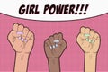 Girl Power - pop art background with three raised up women`s fist. Comic illustration of feminism concept, girl`s rights, protest Royalty Free Stock Photo